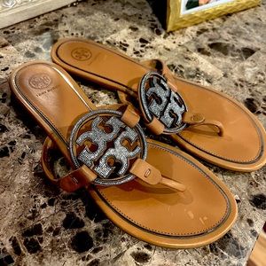 tory burch sandals metal miller embellished calf leather tan size 10